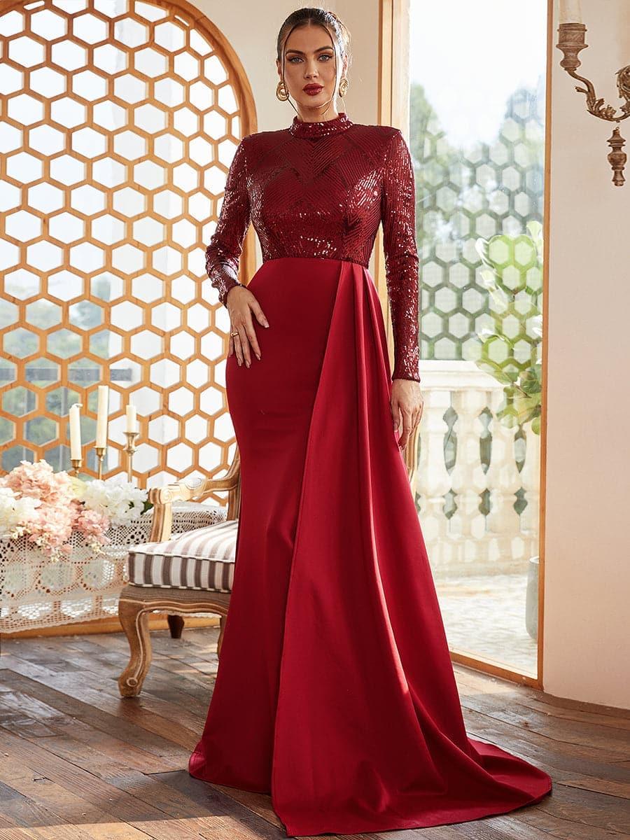 Draping Long Sleeve Sequin Formal Dress