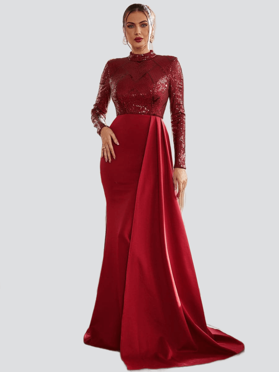 Draping Long Sleeve Sequin Formal Dress