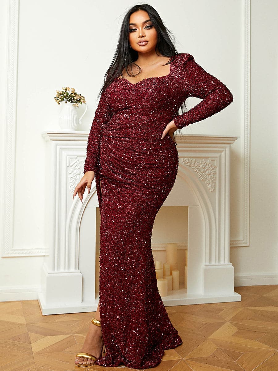 Plus Size Sweetheart Long Sleeve Burgundy Sequin Prom Dress
