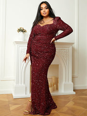 Plus Size Sweetheart Long Sleeve Burgundy Sequin Prom Dress