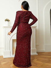 Plus Size Sweetheart Long Sleeve Burgundy Sequin Prom Dress