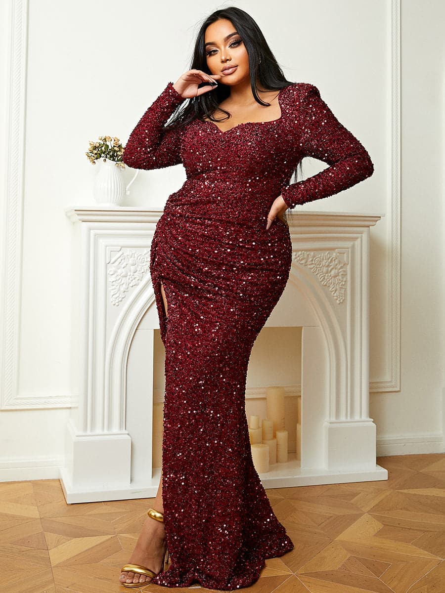 Plus Size Sweetheart Long Sleeve Burgundy Sequin Prom Dress