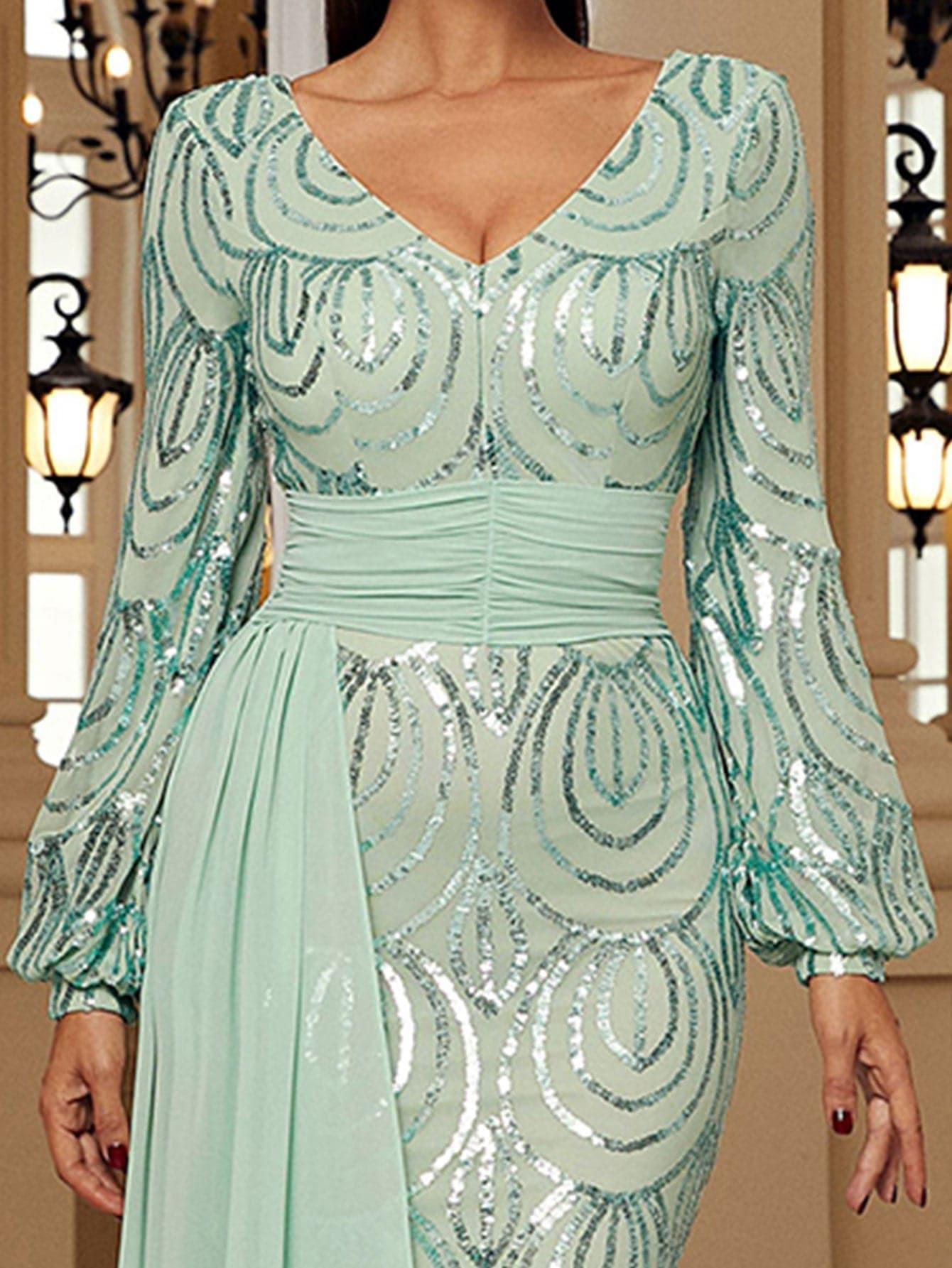 Formal Draping Sequin Long Sleeve Dress