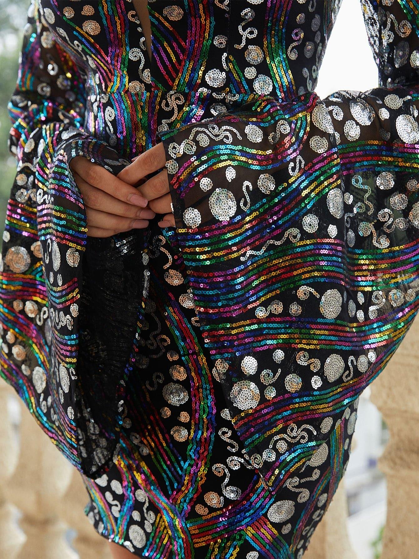 V-Neck Flared Sleeve Multicolor Sequin Mini Dress