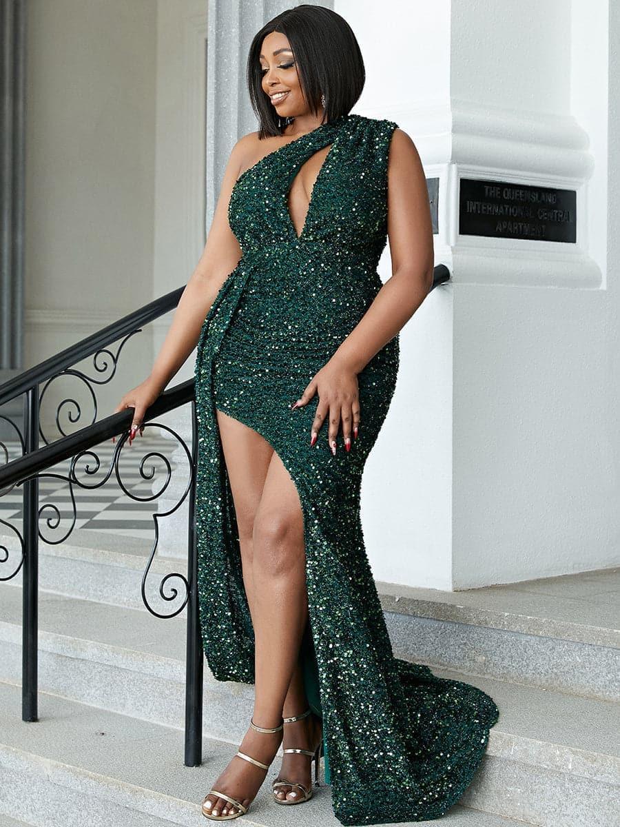 Plus Size Cutout Sequin Ribbon Prom Dress