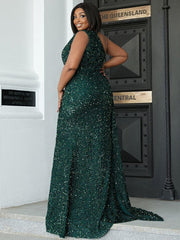 Plus Size Cutout Sequin Ribbon Prom Dress