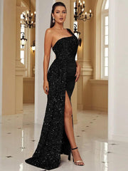 One Shoulder Velvet Split Thigh Prom Dress