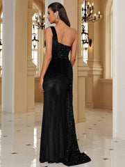One Shoulder Velvet Split Thigh Prom Dress