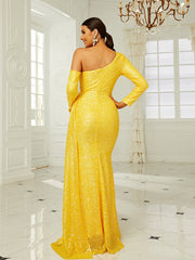Long Sleeve Backless One Shoulder Split Prom Dress