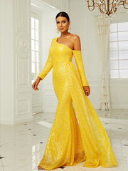 Long Sleeve Backless One Shoulder Split Prom Dress
