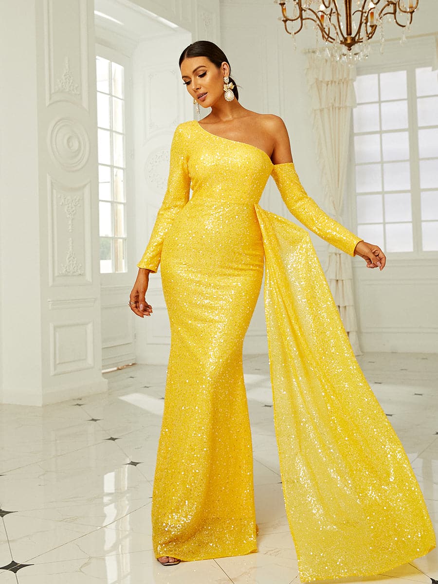 Long Sleeve Backless One Shoulder Split Prom Dress
