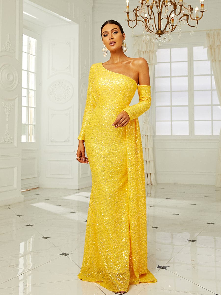 Long Sleeve Backless One Shoulder Split Prom Dress
