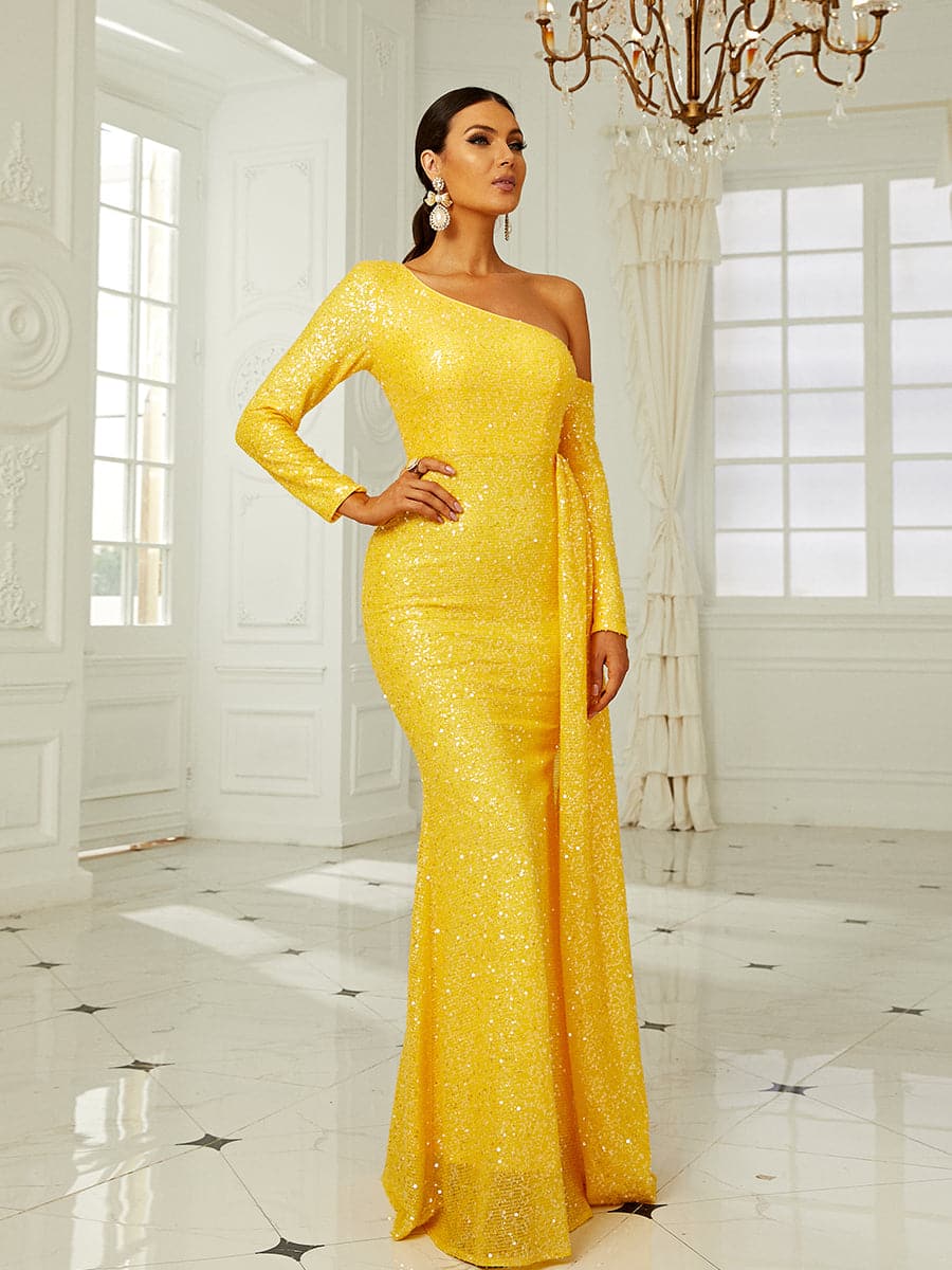 Long Sleeve Backless One Shoulder Split Prom Dress