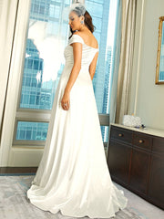 Off Shoulder Split Thigh Maxi Velvet White Prom Dress