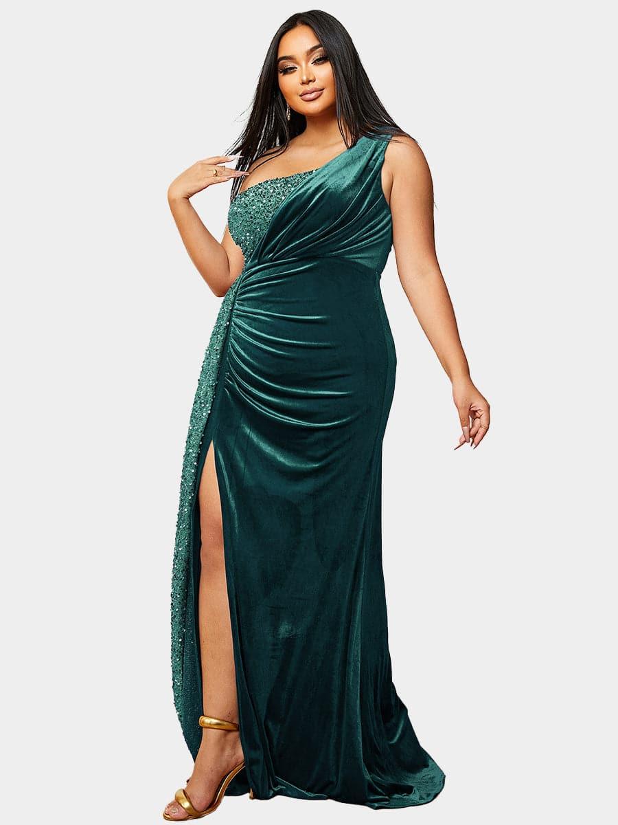 Plus Size One Shoulder Draped Sequin Burgundy Prom Dress