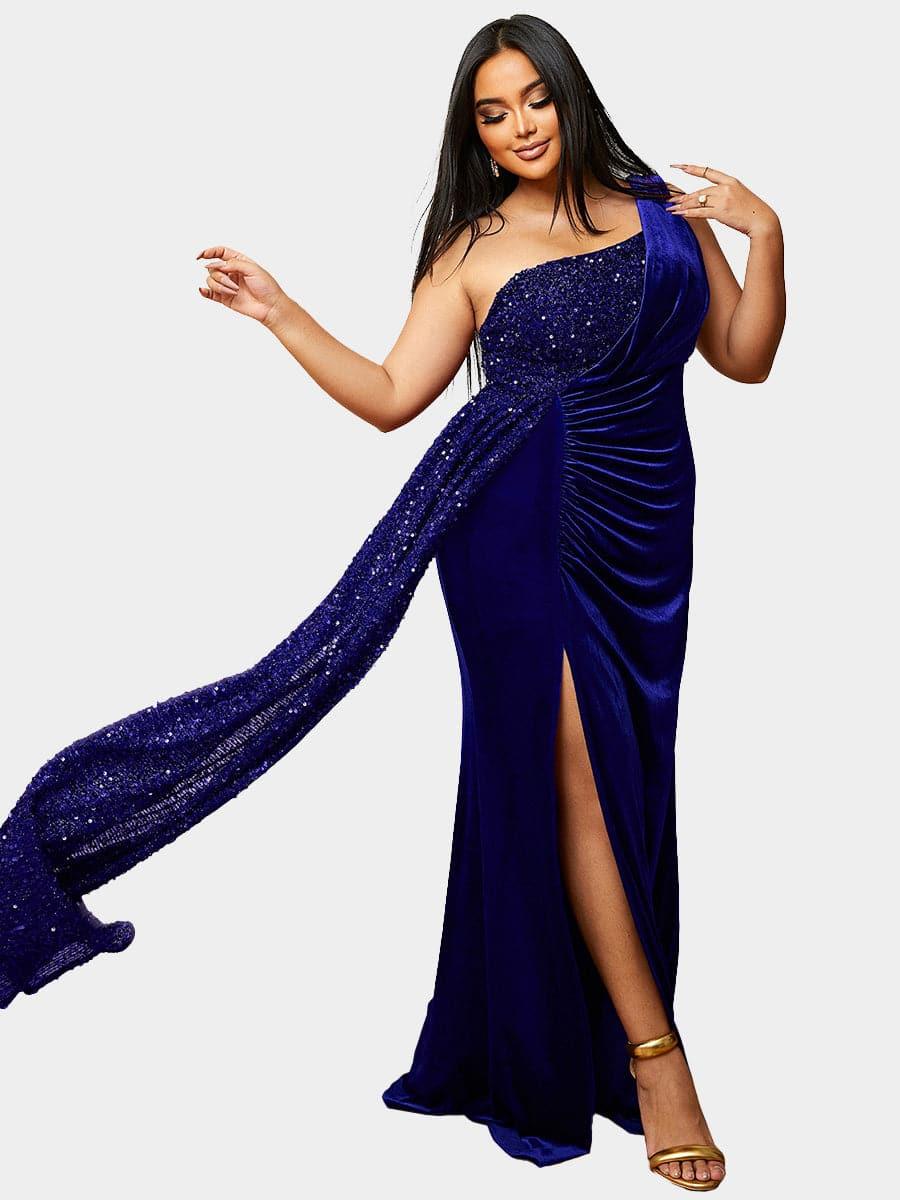 Plus Size One Shoulder Draped Sequin Burgundy Prom Dress