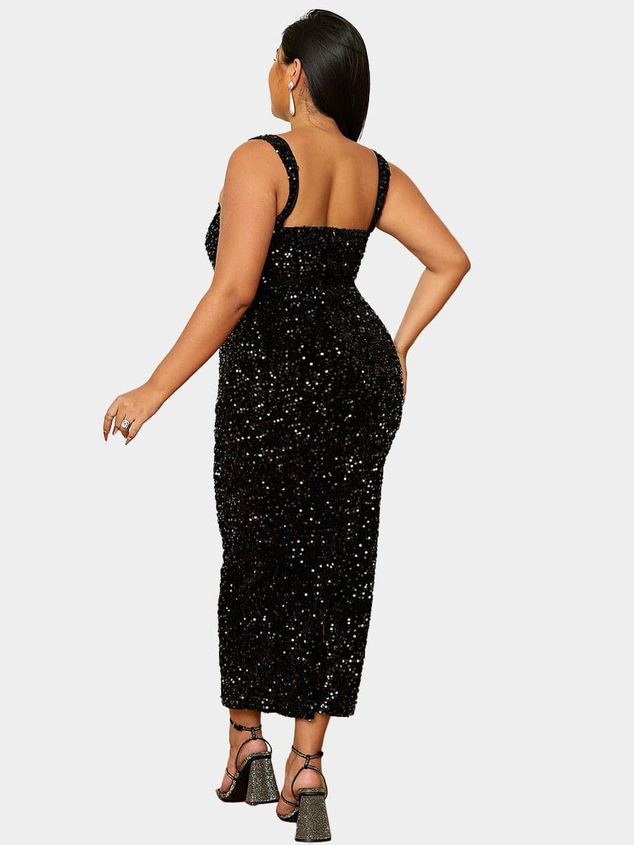 Plus Size Square Neck Sleeveless Sequin Midi Dress