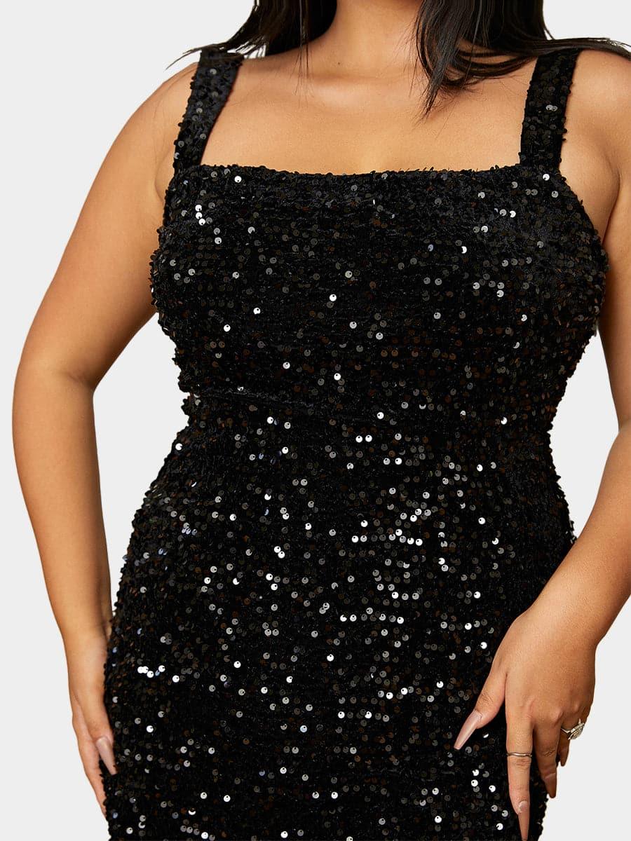 Plus Size Square Neck Sleeveless Sequin Midi Dress