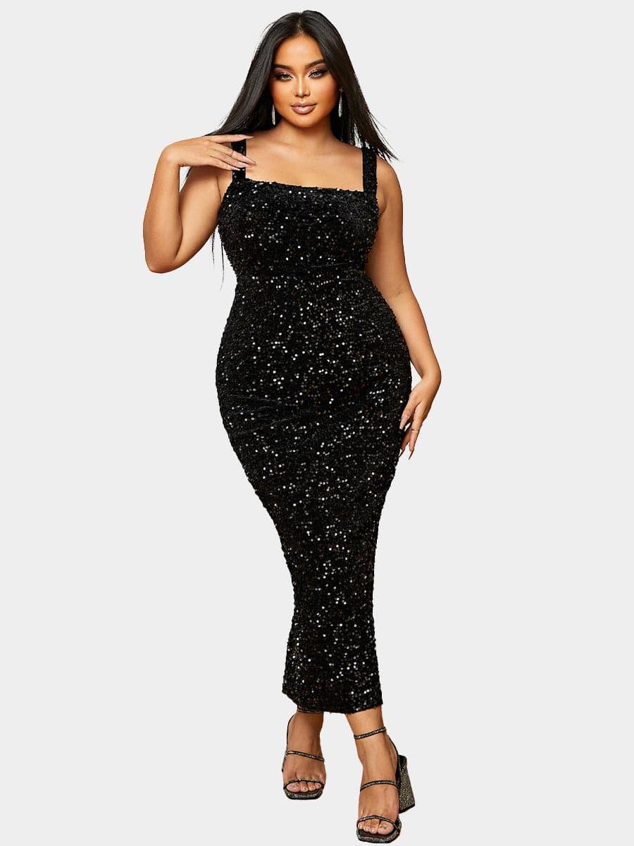 Plus Size Square Neck Sleeveless Sequin Midi Dress