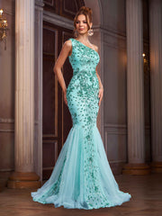 Mint Floral Sequin Mermaid Luxury Evening Dress