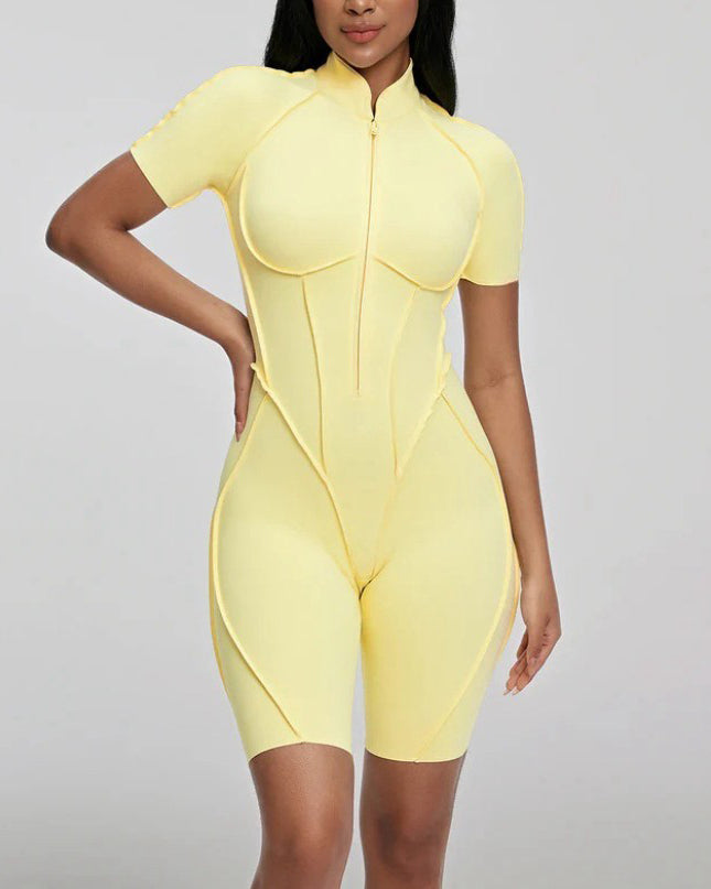 Short-Sleeved Zip-Up Striped Bodycon Jumpsuit