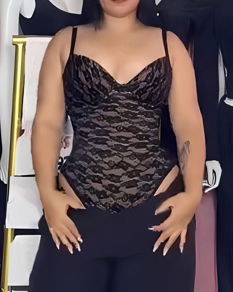 V Neck Lace Tie Up Tummy Control Bodysuit