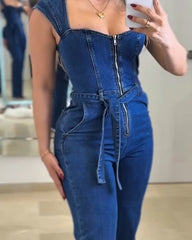 Square-Neck Casual Denim Jumpsuit
