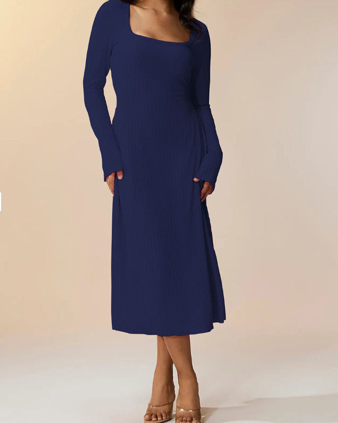 Knitted Ribbed Square Neck Long-Sleeved Tie Dress