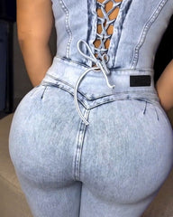 Short-Sleeved Back-Tie Skinny Denim Jumpsuit