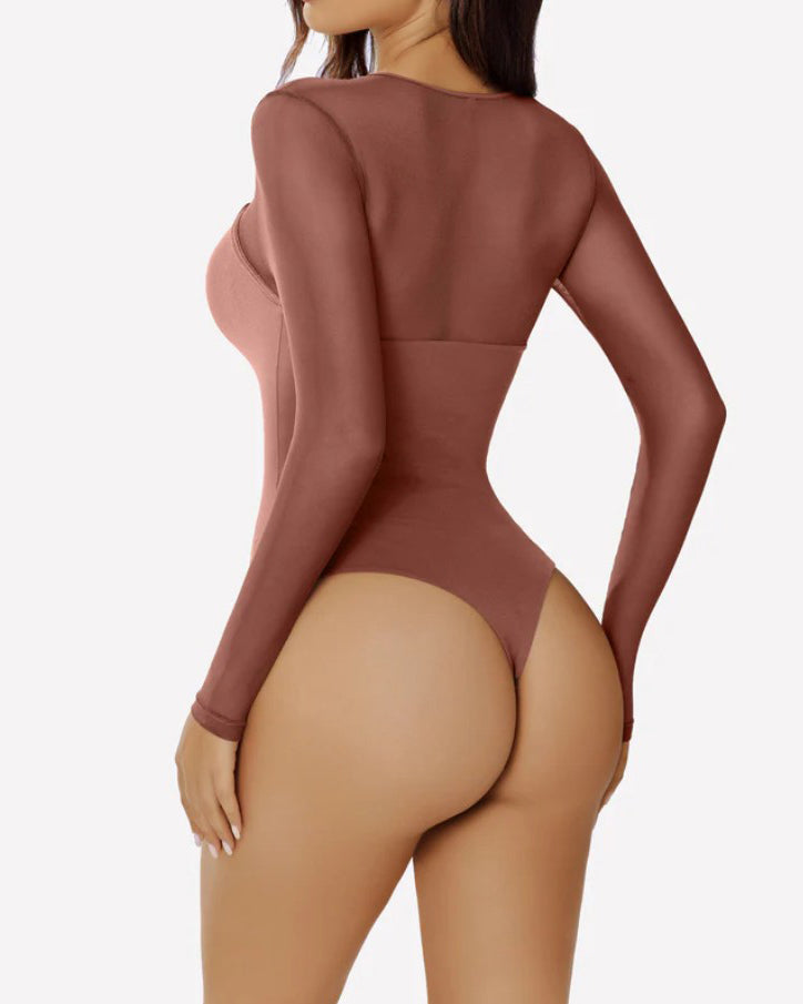 Mesh Long Sleeve Cutout Thong Shapewear Bodysuit
