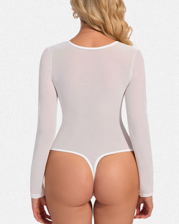 V-Neck Mesh Long-Sleeved Shapewear Thong Bodysuit