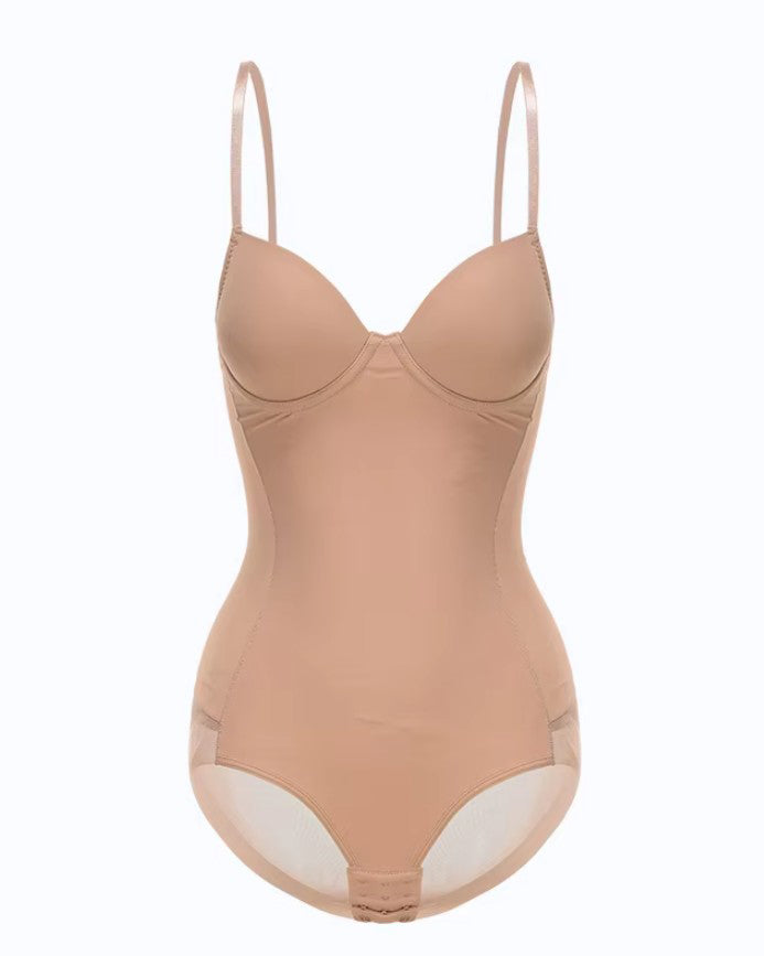 V-Neck Mesh Tummy Control Thong Shaping Bodysuit