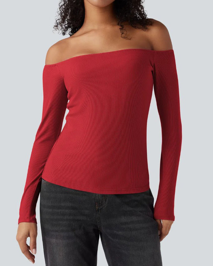 Off-Shoulder Built-In Bra Ribbed Knit Long-Sleeve Top