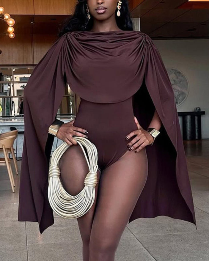 Round Neck Ruched Shawl Long Sleeve Thong Bodysuit