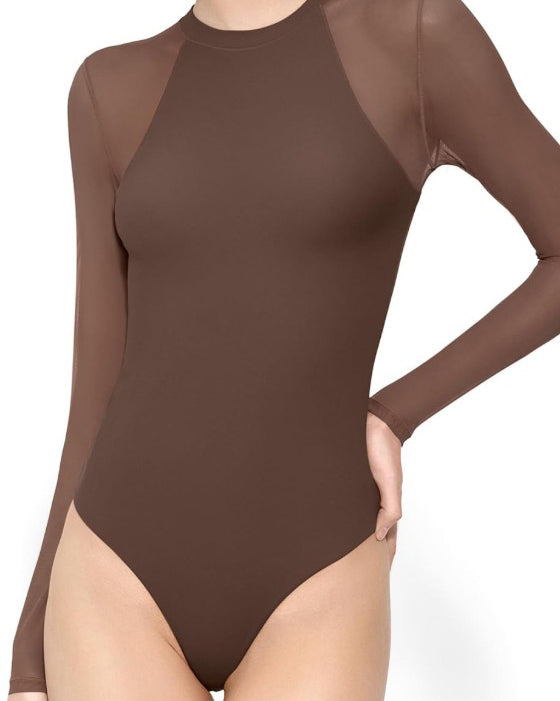Long Sleeve Sheer Mesh Slimming Bodysuit