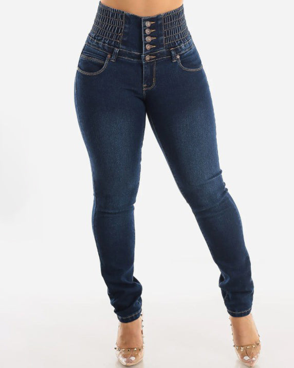 5-Row Button-Down Skinny Jeans