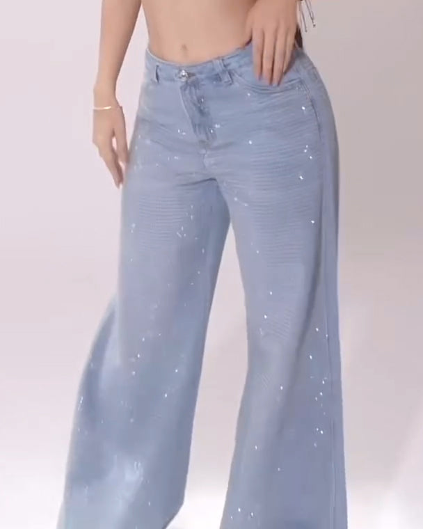 High-Rised Sparkling Rhinestones Wide-Leg Jeans