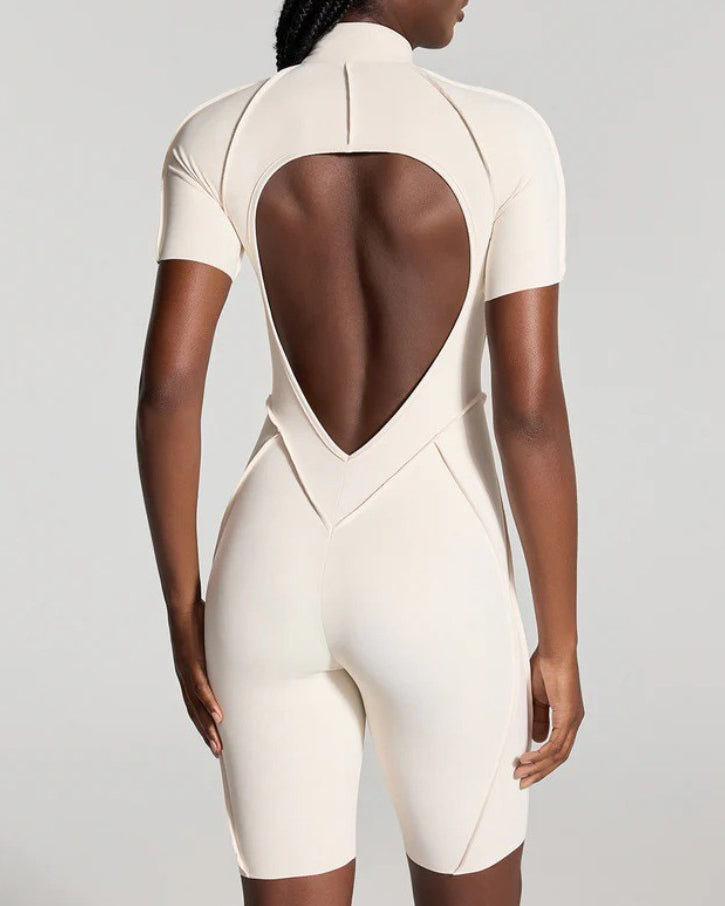 Short-Sleeved Zip-Up Striped Bodycon Jumpsuit