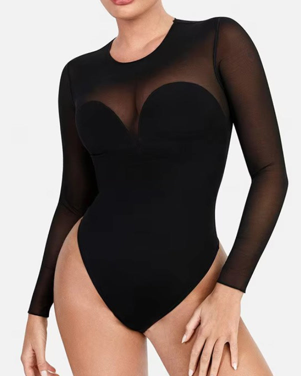 Sheer Mesh Long Sleeve Slimming Thong Bodysuit