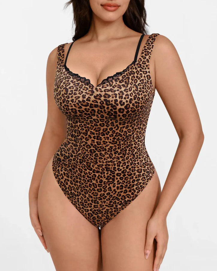 Lace-Trimmed Deep V Thong Slimming Bodysuit