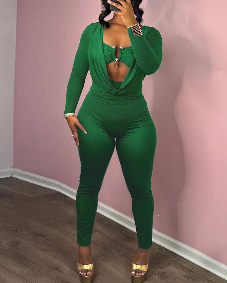 Draped Neck Slimming Long-Sleeved Jumpsuit