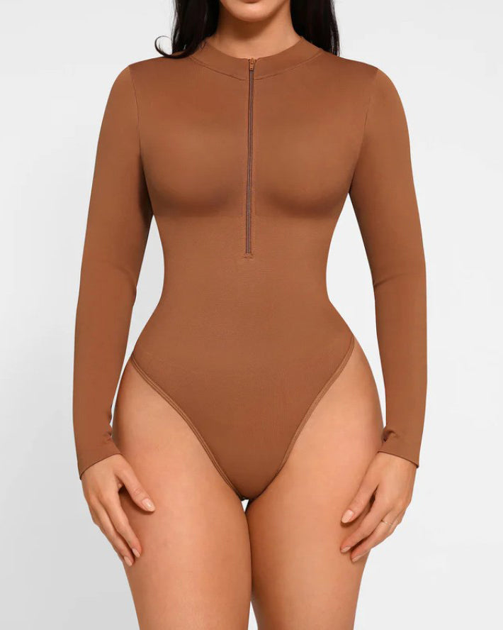 Front Zip Long Sleeve Shapewear Thong Bodysuit