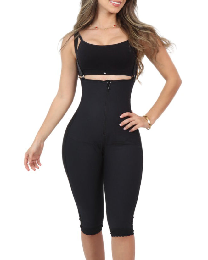 Front Zip Tummy-Control Open-Chest Mid-Length Body Shaper