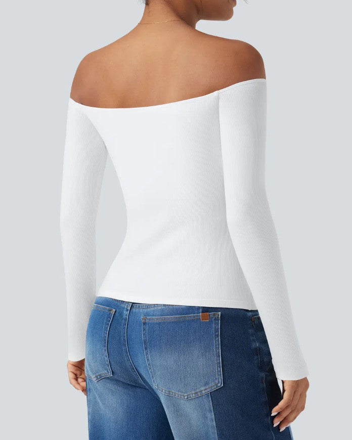 Off-Shoulder Built-In Bra Ribbed Knit Long-Sleeve Top