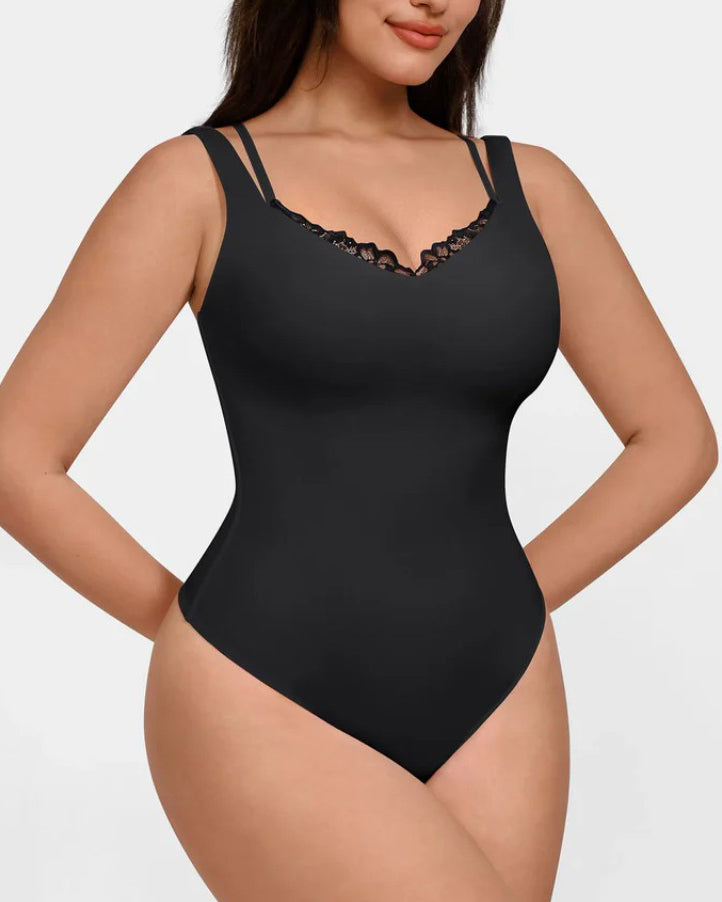 Lace-Trimmed Deep V Thong Slimming Bodysuit
