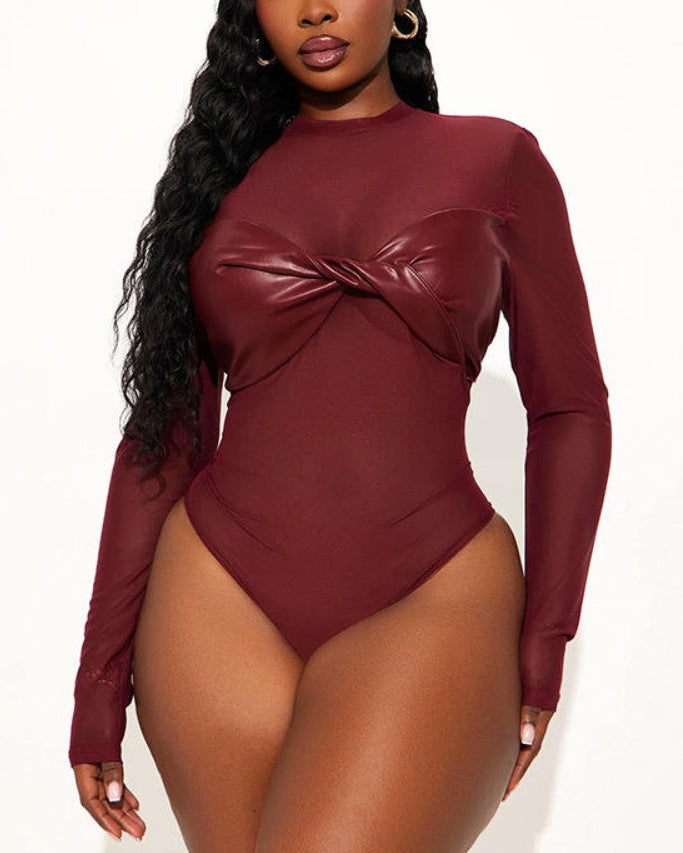 Sheer Mesh Leather Long-Sleeved Bodysuit