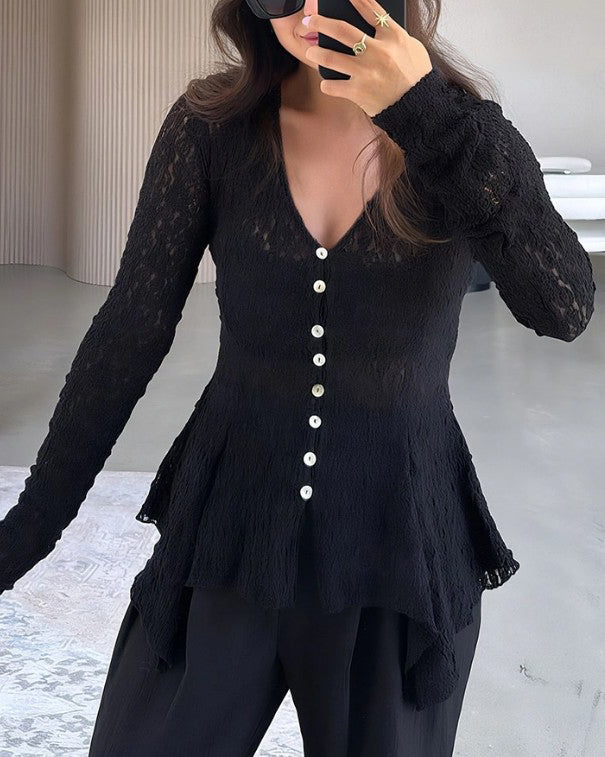 Hollow Lace Long-Sleeved Top