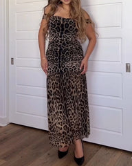 Off Shoulder Mesh Leopard Print Lace-Up Slimming Dress