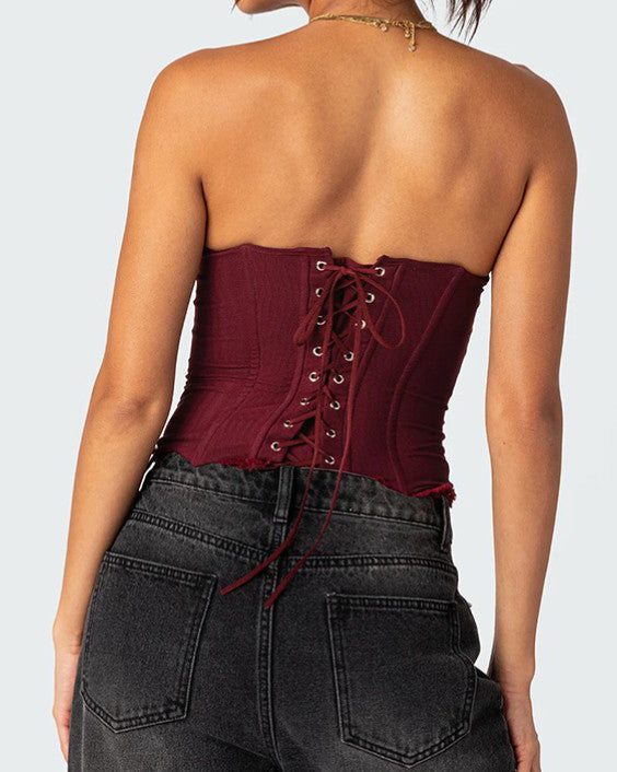 Slim Fit Lace Mesh Tie Back Croset Top