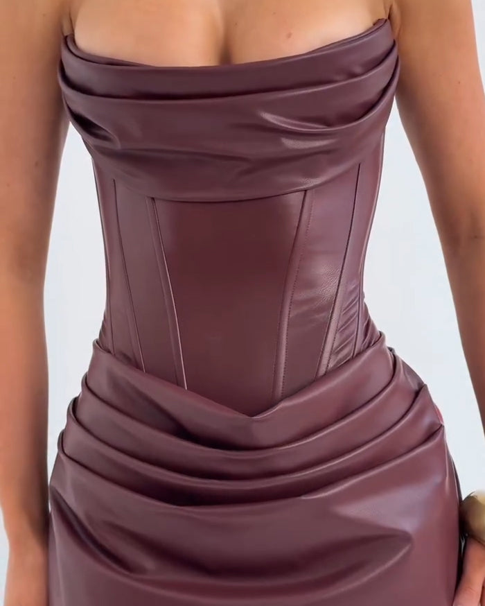Bandeau Lace-up Leather Bodycon Dress